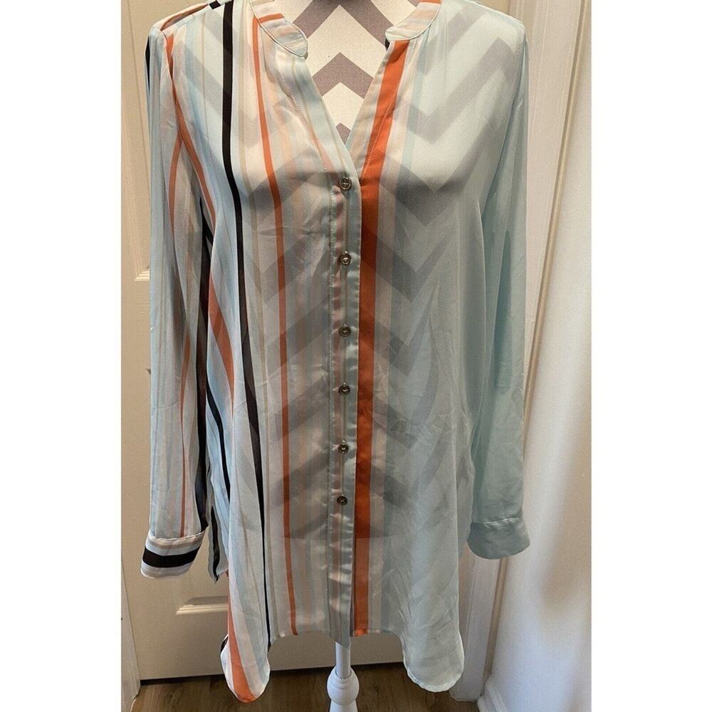 CALVIN KLEIN Women’s MultiColor Button Up Sheer Blouse Long Sleeve Size M Tall